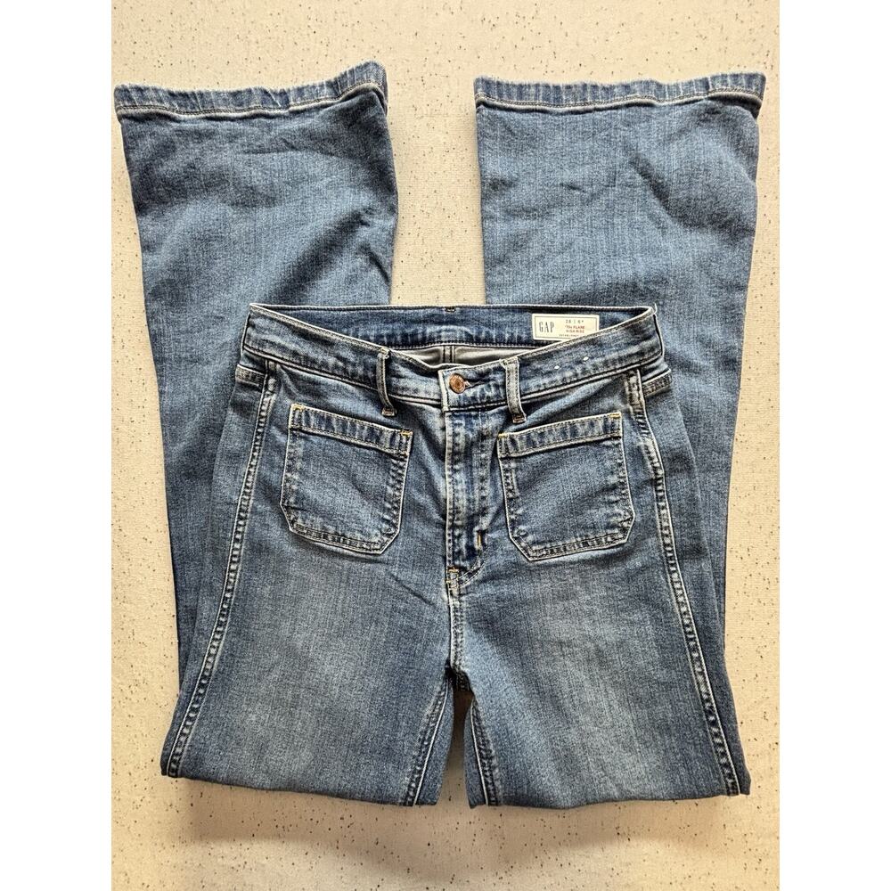 Y2K GAP Womens 70s Flare Jeans High Rise Front Patch Pocket Denim Stretch 28/6